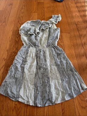 One-Shoulder Ruffle Stripe Dress - Blue & White